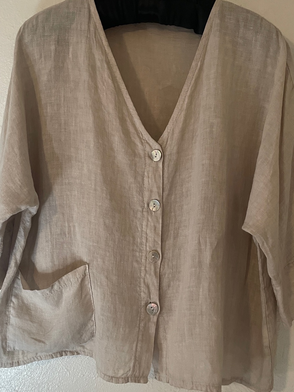 Angela Mara Italy Oatmeal 100% Linen Lagenlook Cropped Blouse Jacket L